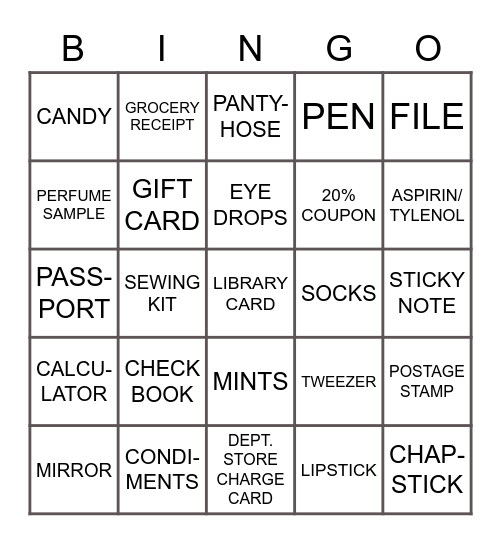 What's in Your Purse/Bag? Bingo Card