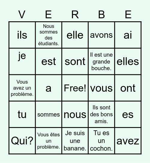 Verbes Present REC 2022 Bingo Card