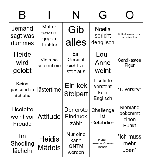 GNTM EP2 Bingo Card