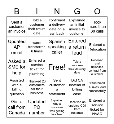 Phone Rep Bingo Card