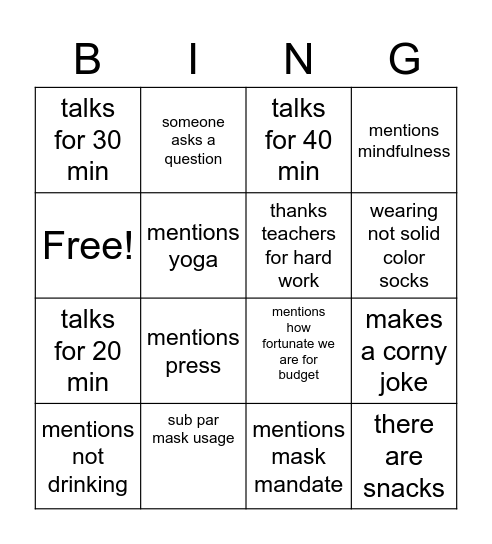 faculty meeting bingo Card