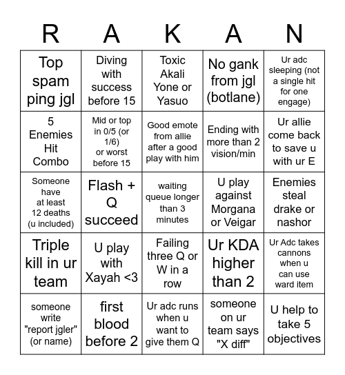 LoL Rakan Bingo (Low Elo) Bingo Card
