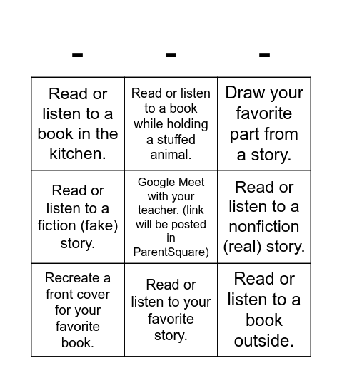 Reading Week BINGO Card