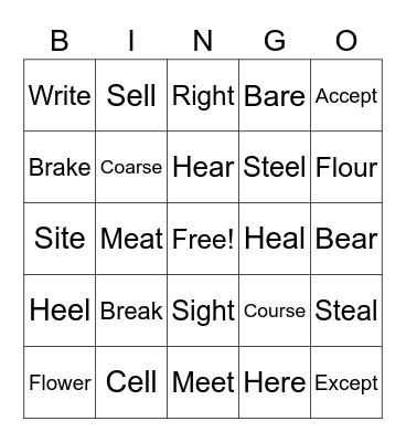 Homophones #1 Bingo Card