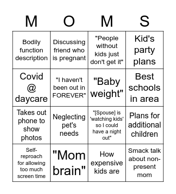 Mom Dinner BINGO Card