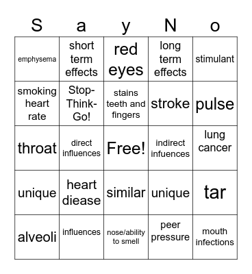 Just Say No Bingo Card