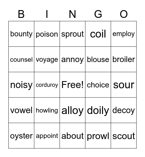 OI, OU, OW, OY Bingo Card