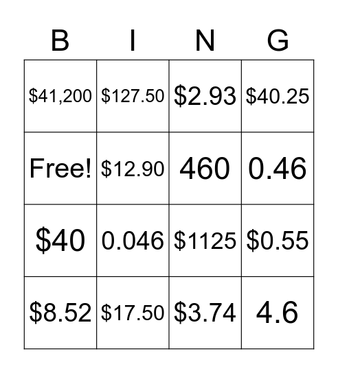 Tax, Commission, and Tips Bingo Card