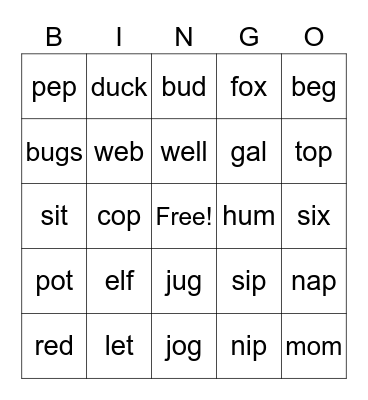 CODE 1 Short Vowel Sounds BINGO Card