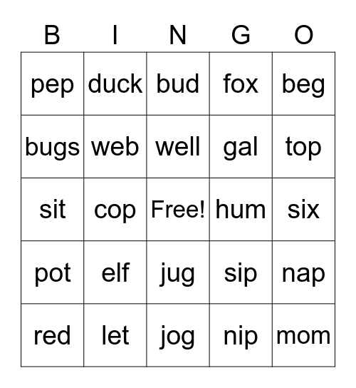 CODE 1 Short Vowel Sounds BINGO Card