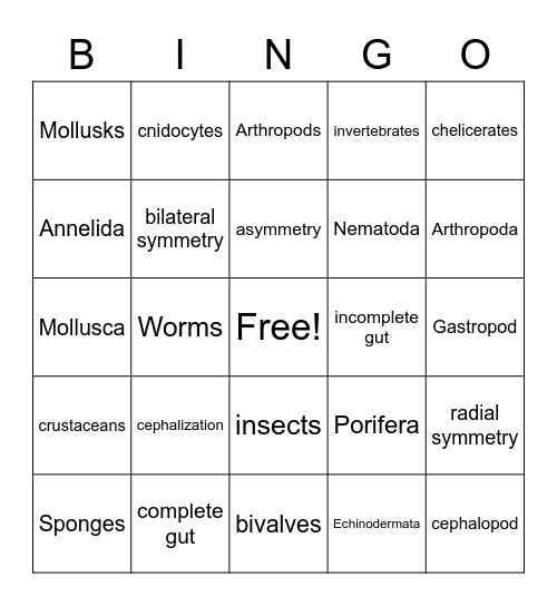 Invertebrates Bingo Card