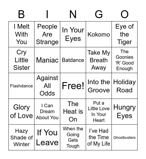 80's Movie Music Bingo Card