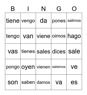 Irregular Verb Bingo Card