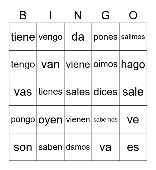 Irregular Verb Bingo Card