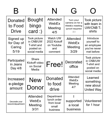 CNB - United Way 2022 Campaign Bingo Card
