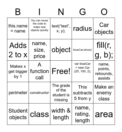 Class Bingo Card