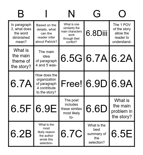 6th Grade STAAR Review Bingo Card