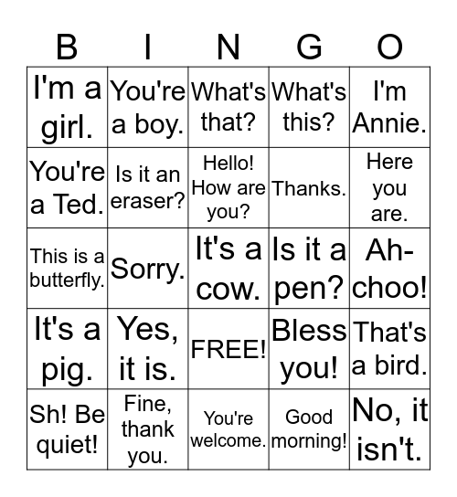 English Time 1(Unit 1-4 Dialogues) Bingo Card