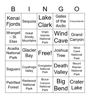 National Parks Bingo Card