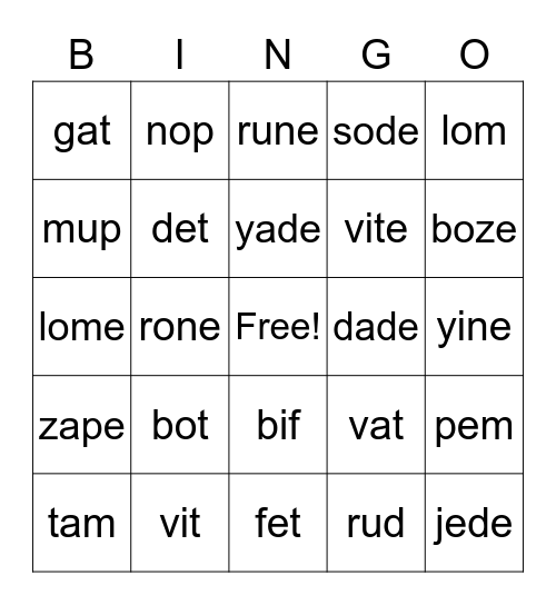 Nonsense Words (Short/Long Vowels) Bingo Card