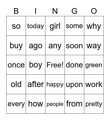 High Frequency Words Bingo Card