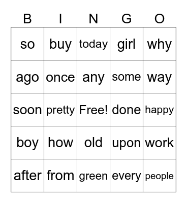 High Frequency Words Bingo Card
