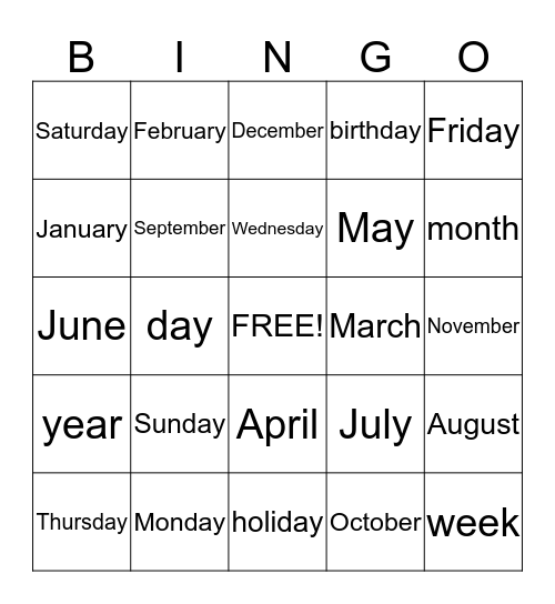Days of Week & Months of Year Bingo Card