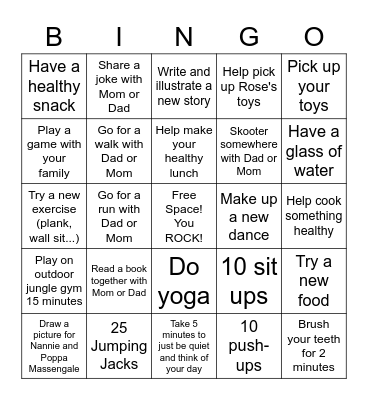 Nana and Papa Healthy BINGO!           Get 5 in a row to win a prize Bingo Card