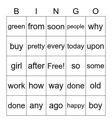 High Frequency Words Bingo Card