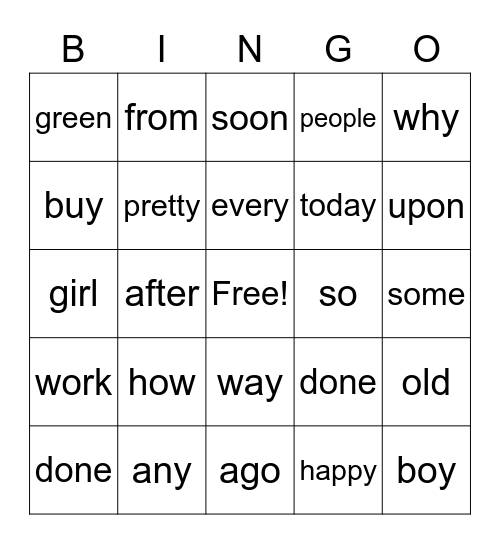 High Frequency Words Bingo Card