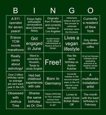 Care February Birthdays Bingo Card
