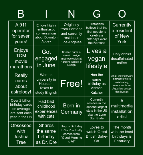 Care February Birthdays Bingo Card