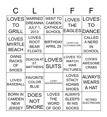 It's All About Cliff Bingo Card