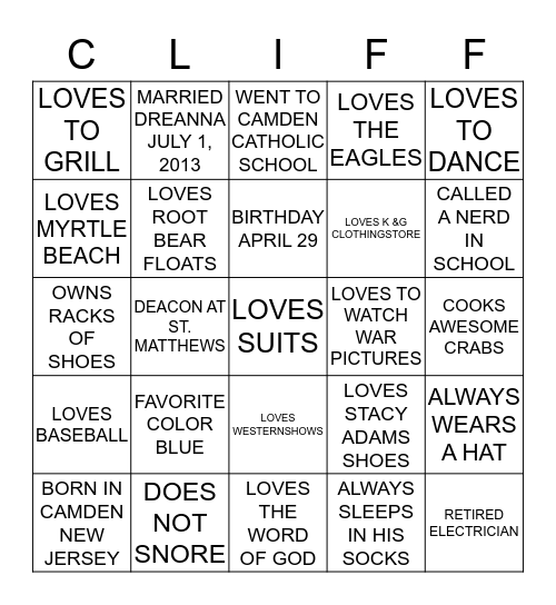 It's All About Cliff Bingo Card