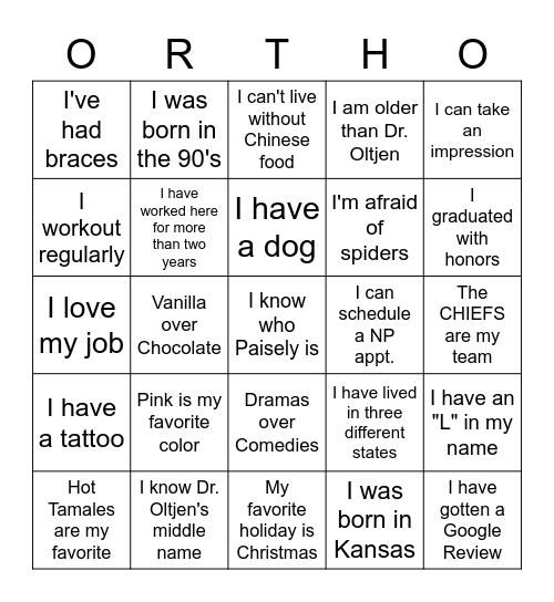 Oltjen Team BINGO Card