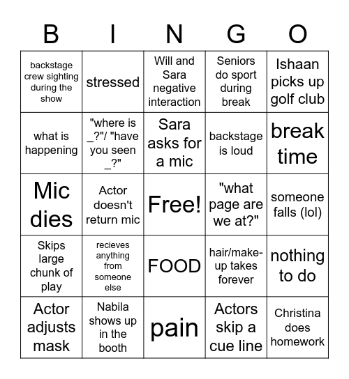 Tech Crew Bingo Card