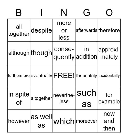 Linking words Bingo Card