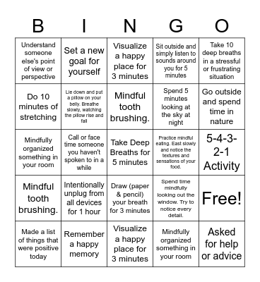 Mindfulness Bingo Card