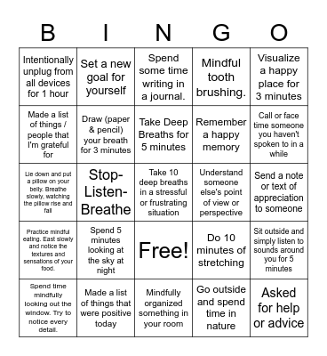 Mindfulness Bingo Card