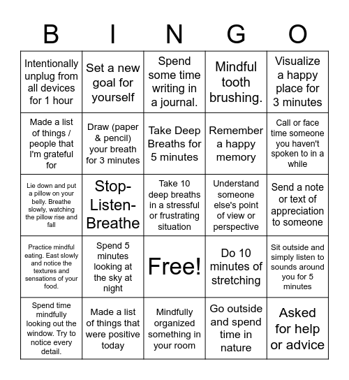 Mindfulness Bingo Card