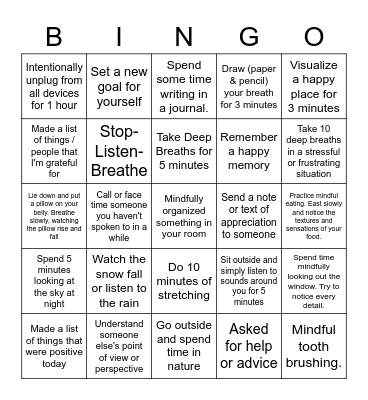 Mindfulness Bingo Card