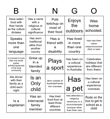 Cultural Diversity Bingo Card