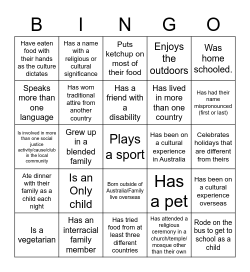 Cultural Diversity Bingo Card