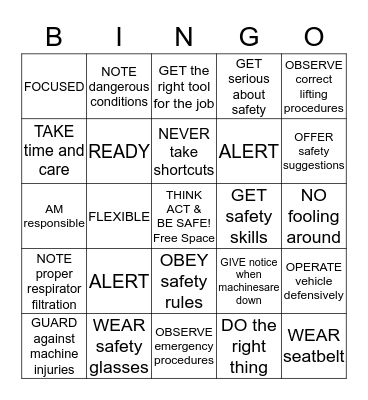 SAFE-T-WORD BINGO Card