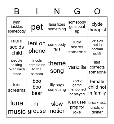 loud house Bingo Card