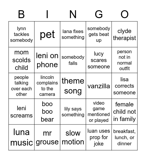 loud house Bingo Card