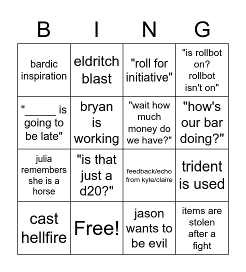 DnD with Kyle Bingo Card