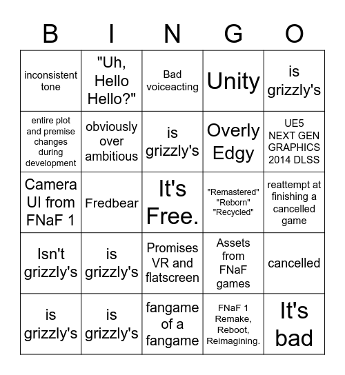 Fnaf fangame bingo Card