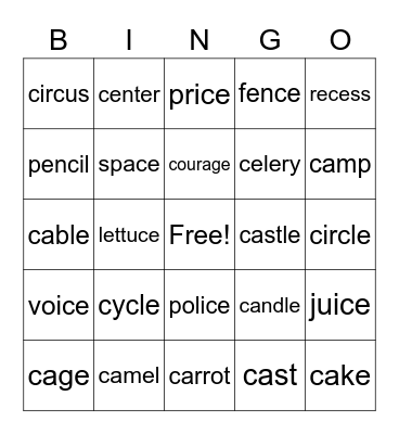 Soft/hard C Bingo Card