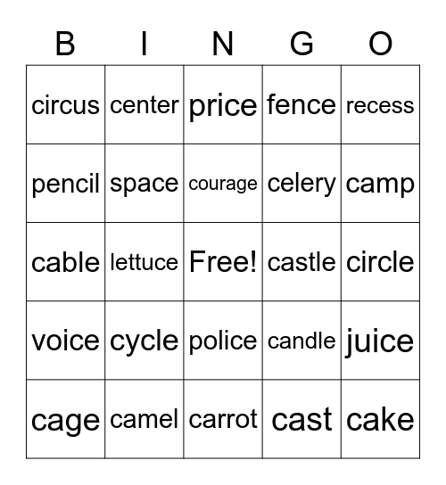 Soft/hard C Bingo Card